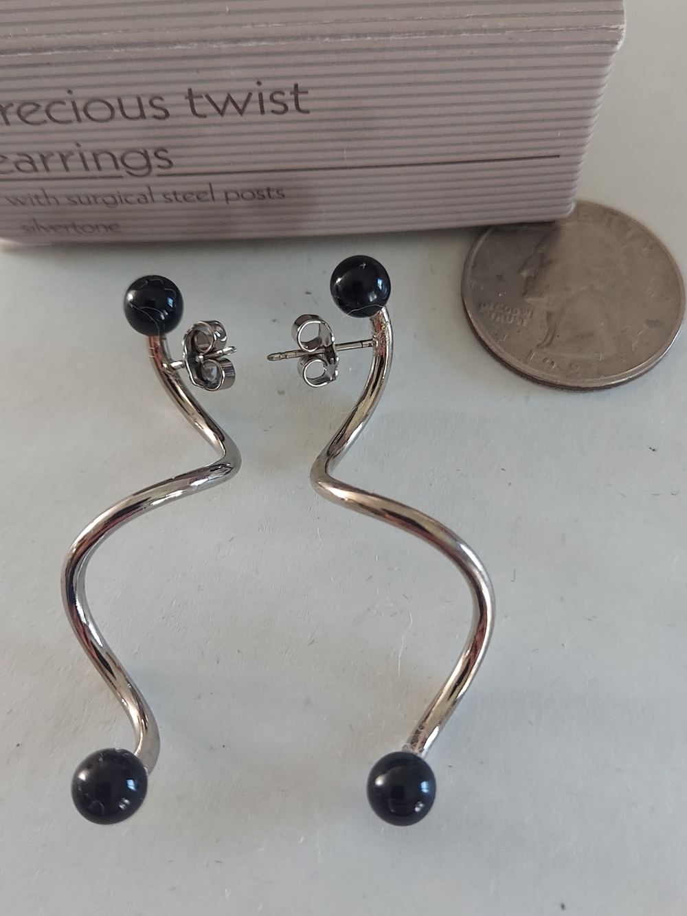 Vintage Avon Silver-Tone Twisted Drop Earrings with Black Beads